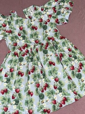 kate quinn Strawberry Print Puff Sleeve Dress - Light Blue, Red, Green